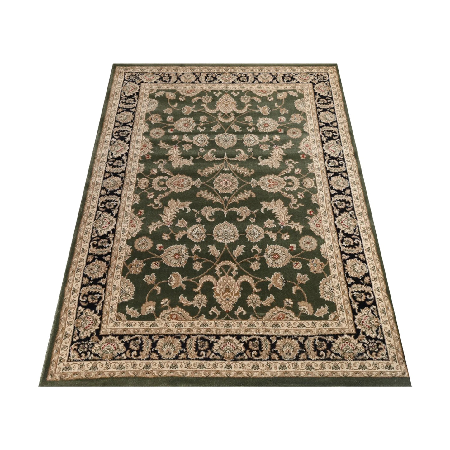 Angled view of Julian 90500 Green Black traditional rug showing green field, black detail and beige ornamental border, 230 x 160 cm