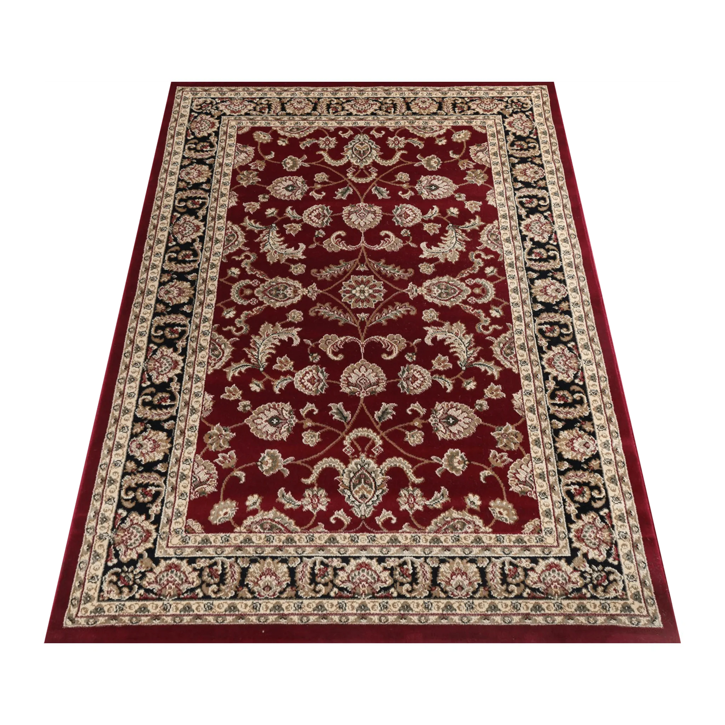 Angled view of Julian 90500 Red Black traditional rug showing red centre field, black border and detailed pattern, 230 x 160 cm
