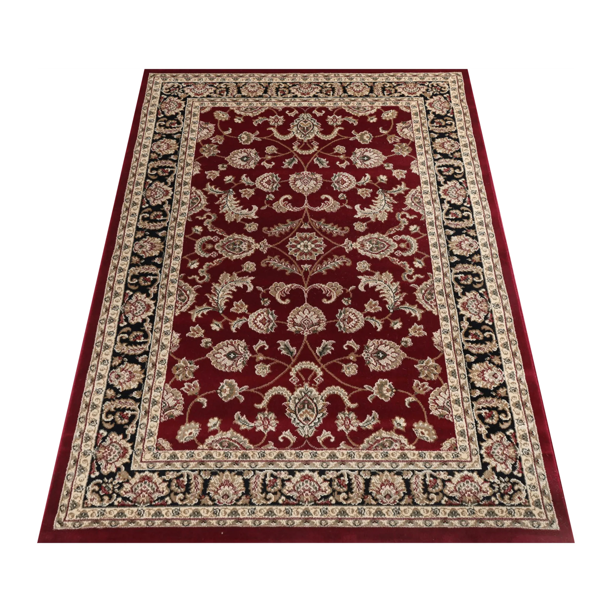 Angled view of Julian 90500 Red Black traditional rug showing red centre field, black border and detailed pattern, 230 x 160 cm