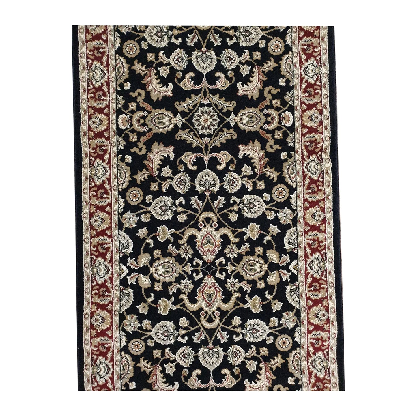 Field detail of Julian black runner rug showing ivory floral motifs and vinework