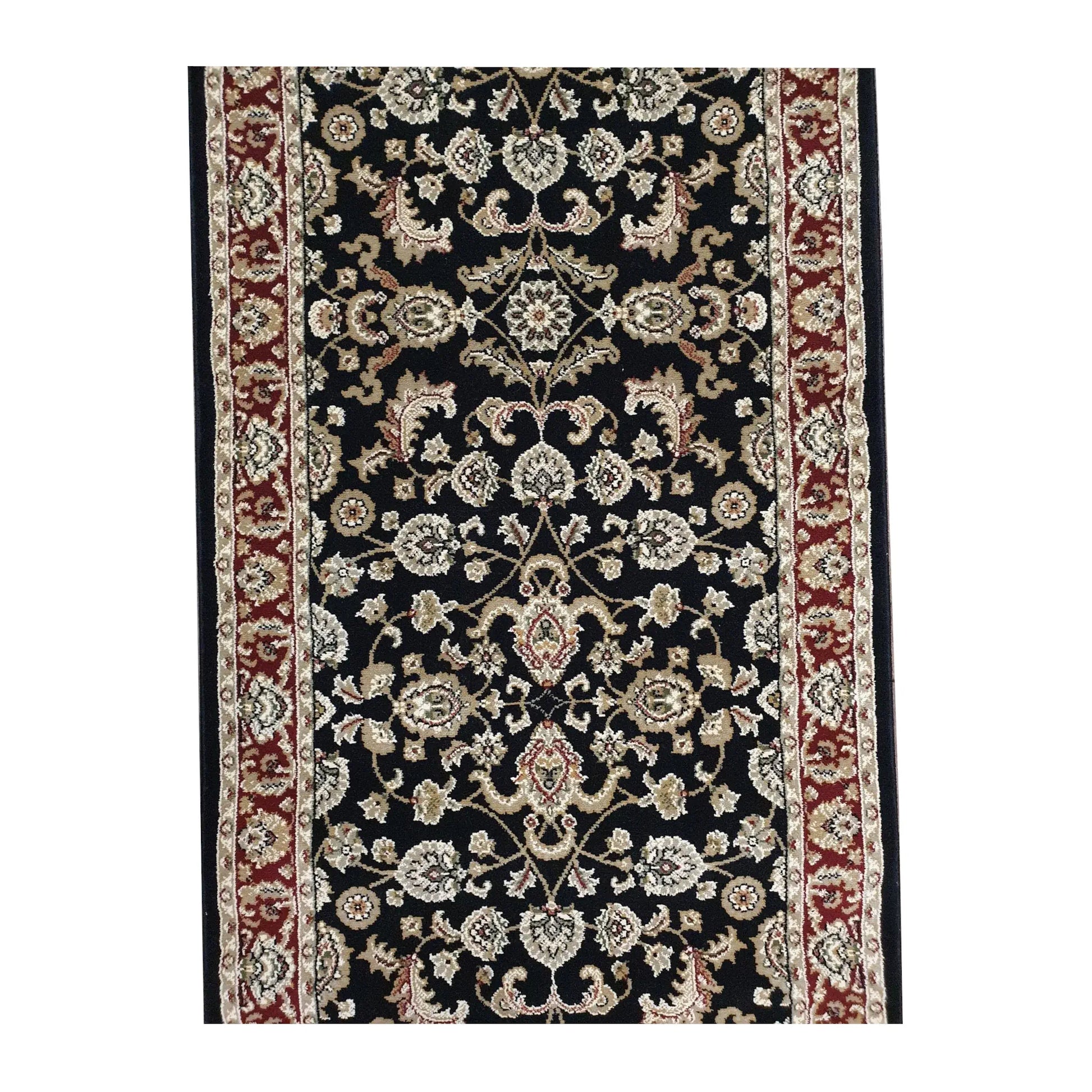 Field detail of Julian black runner rug showing ivory floral motifs and vinework