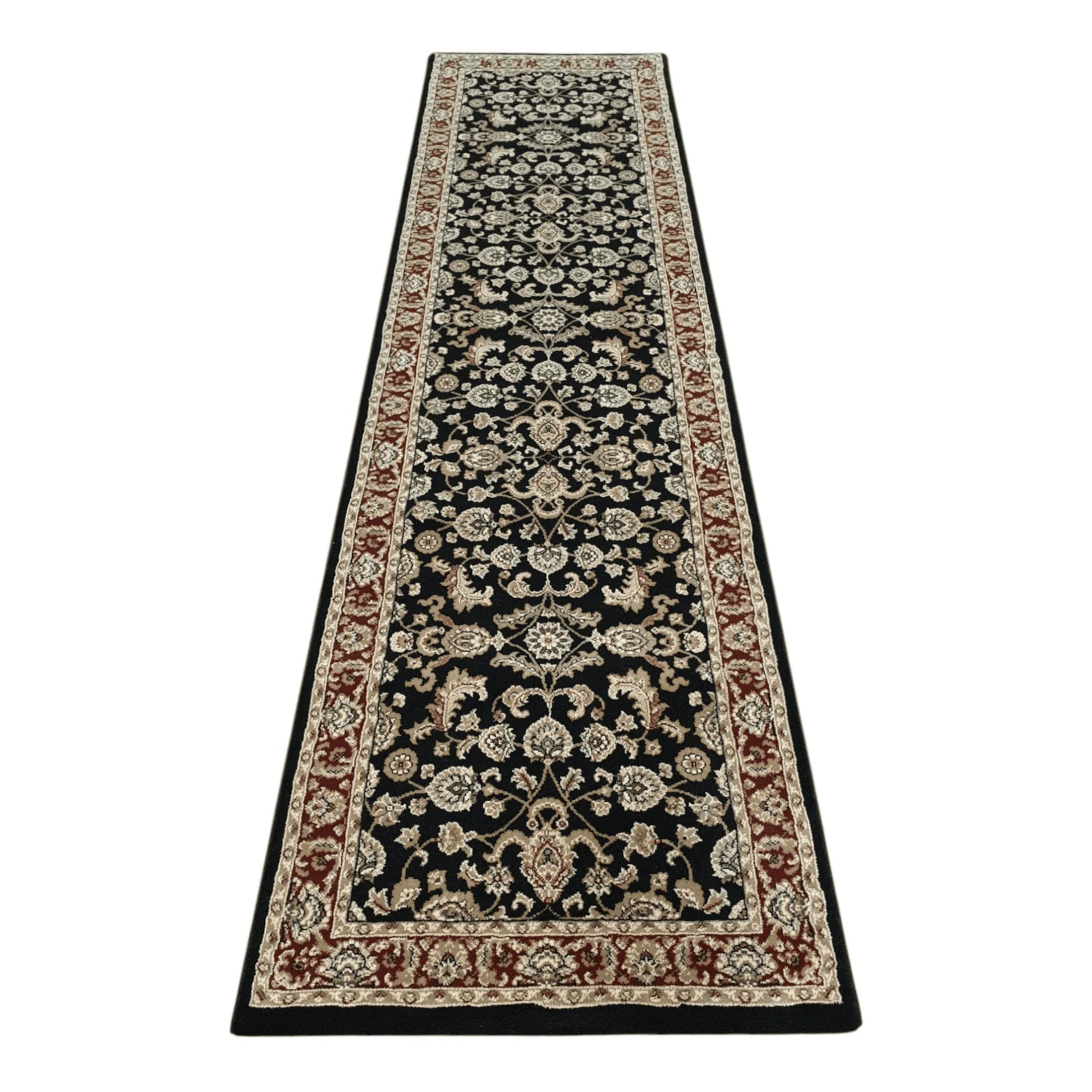 Full view of Julian black machine-made runner rug with floral motifs and red border
