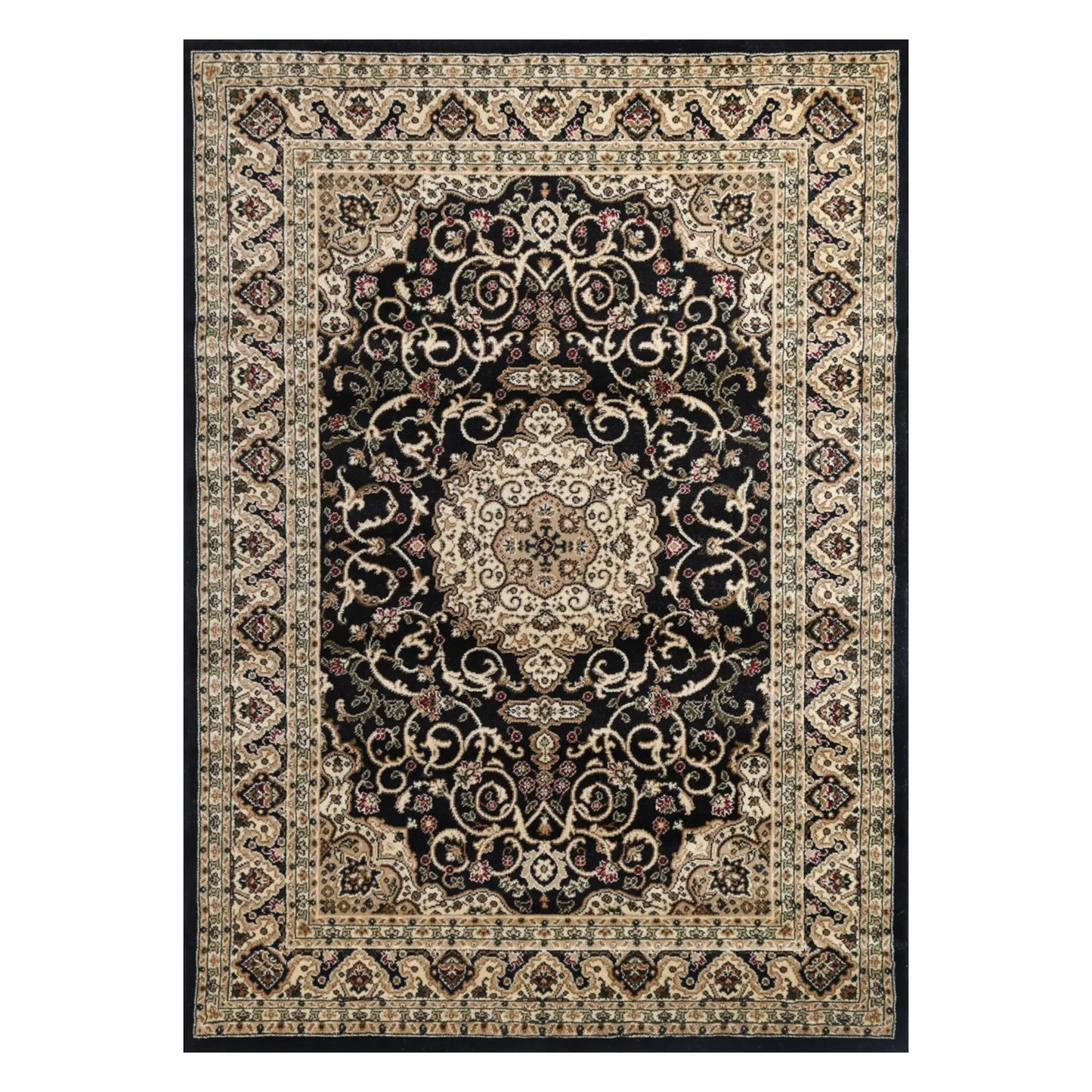 Full view of Julian Designer Black traditional rug with central medallion, ornate border and dark patterned field, 290 x 200 cm