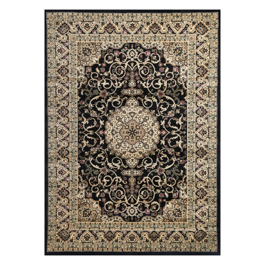 Full view of Julian Designer Black traditional rug with central medallion, ornate border and dark patterned field, 290 x 200 cm