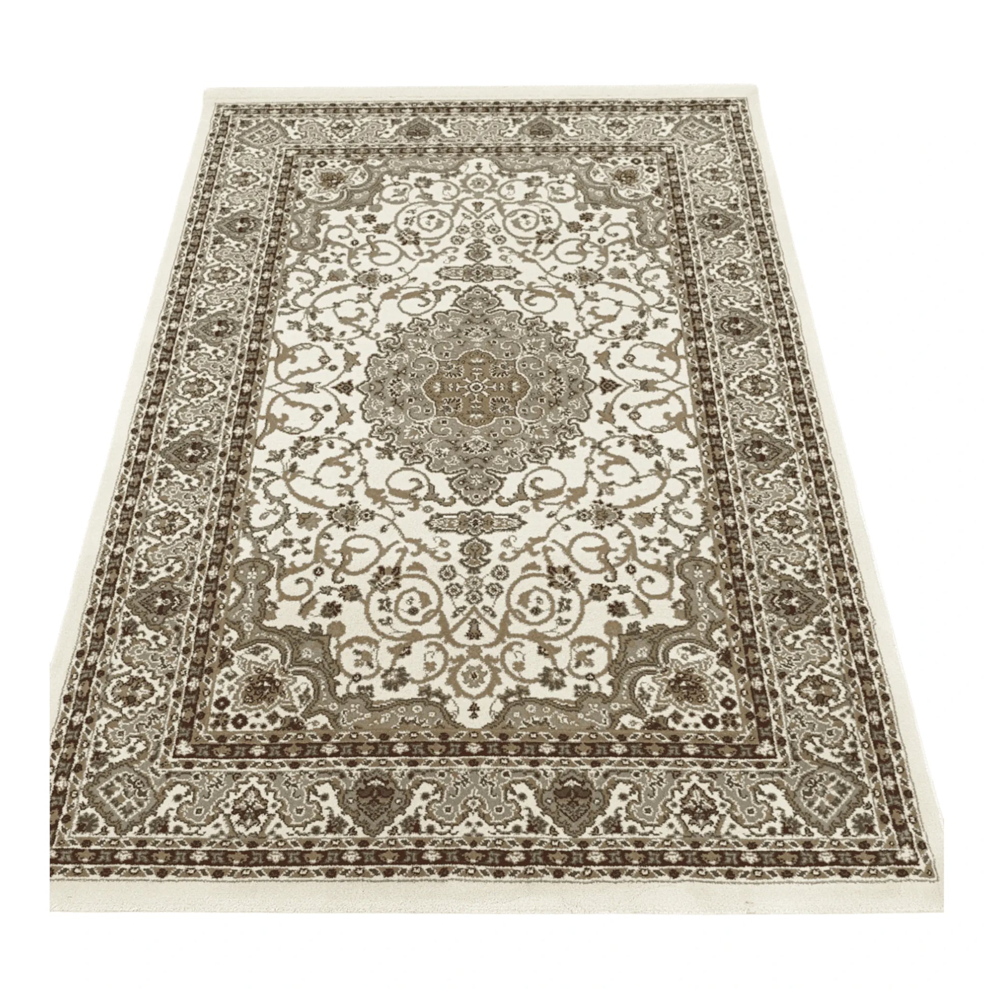 Full view of Julian machine-made rug with beige field and central medallion, 170 x 120 cm