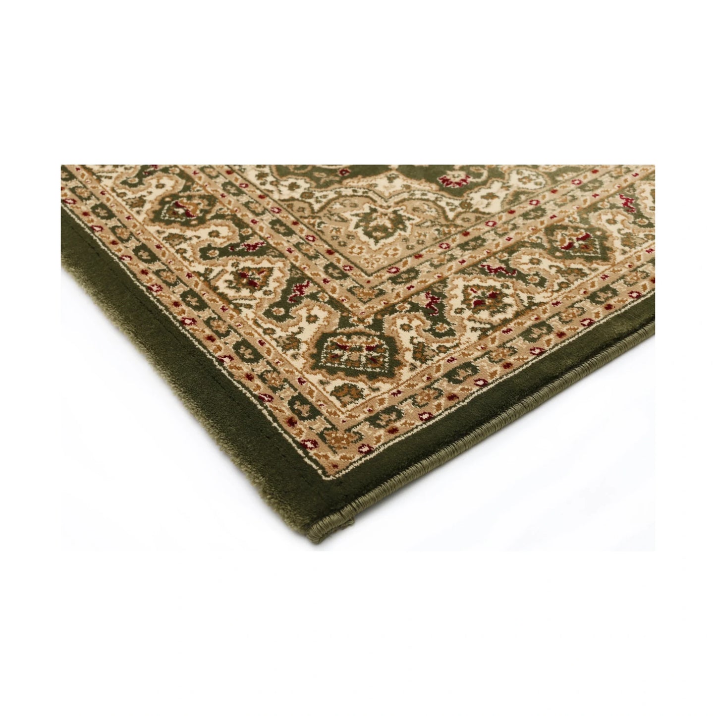 Corner detail of Julian Traditional Designer Green rug showing ornate border, bound edge and traditional pattern, 290 x 200 cm