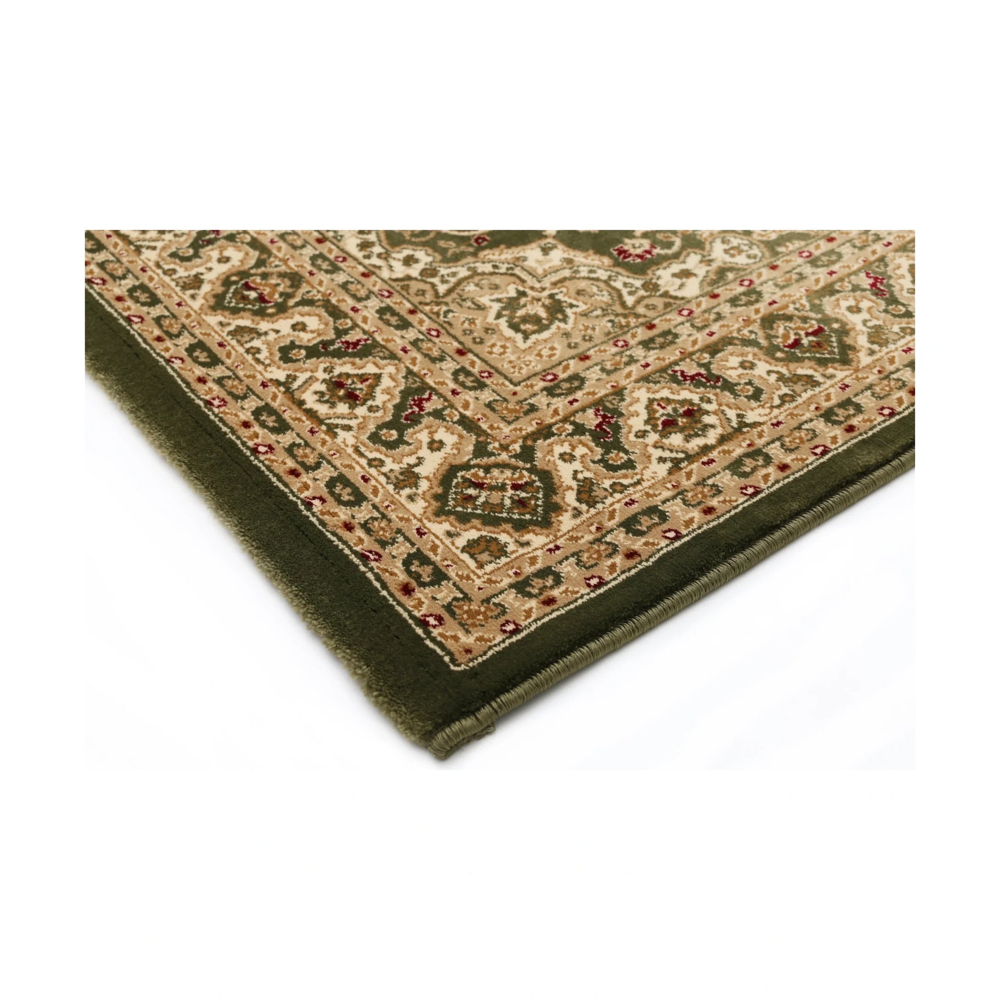 Corner detail of Julian Traditional Designer Green rug showing ornate border, bound edge and traditional pattern, 290 x 200 cm