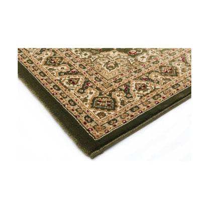 Corner detail of Julian Traditional Designer Green rug showing ornate border, bound edge and traditional pattern, 290 x 200 cm