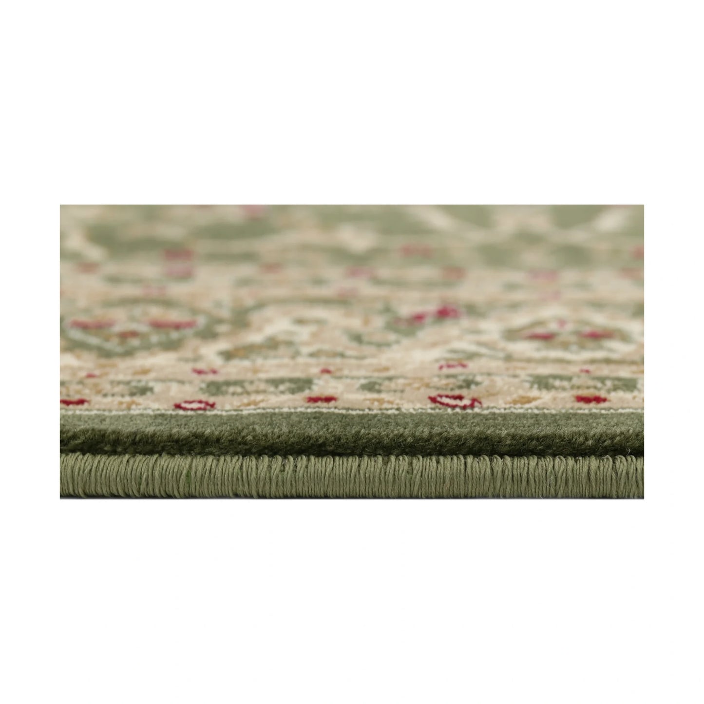 Close-up of Julian Traditional Designer Green rug showing edge detail, polypropylene pile texture and soft green tones, 290 x 200 cm