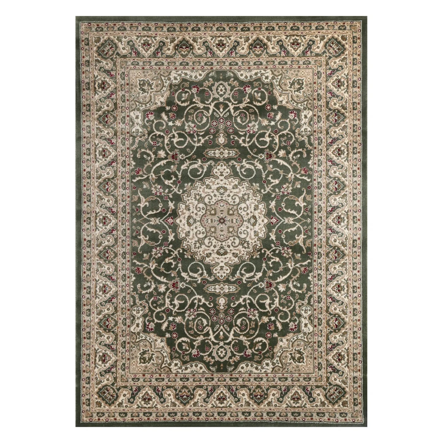 Full view of Julian Traditional Designer Green rug with central medallion, ornamental border and muted green field, 290 x 200 cm