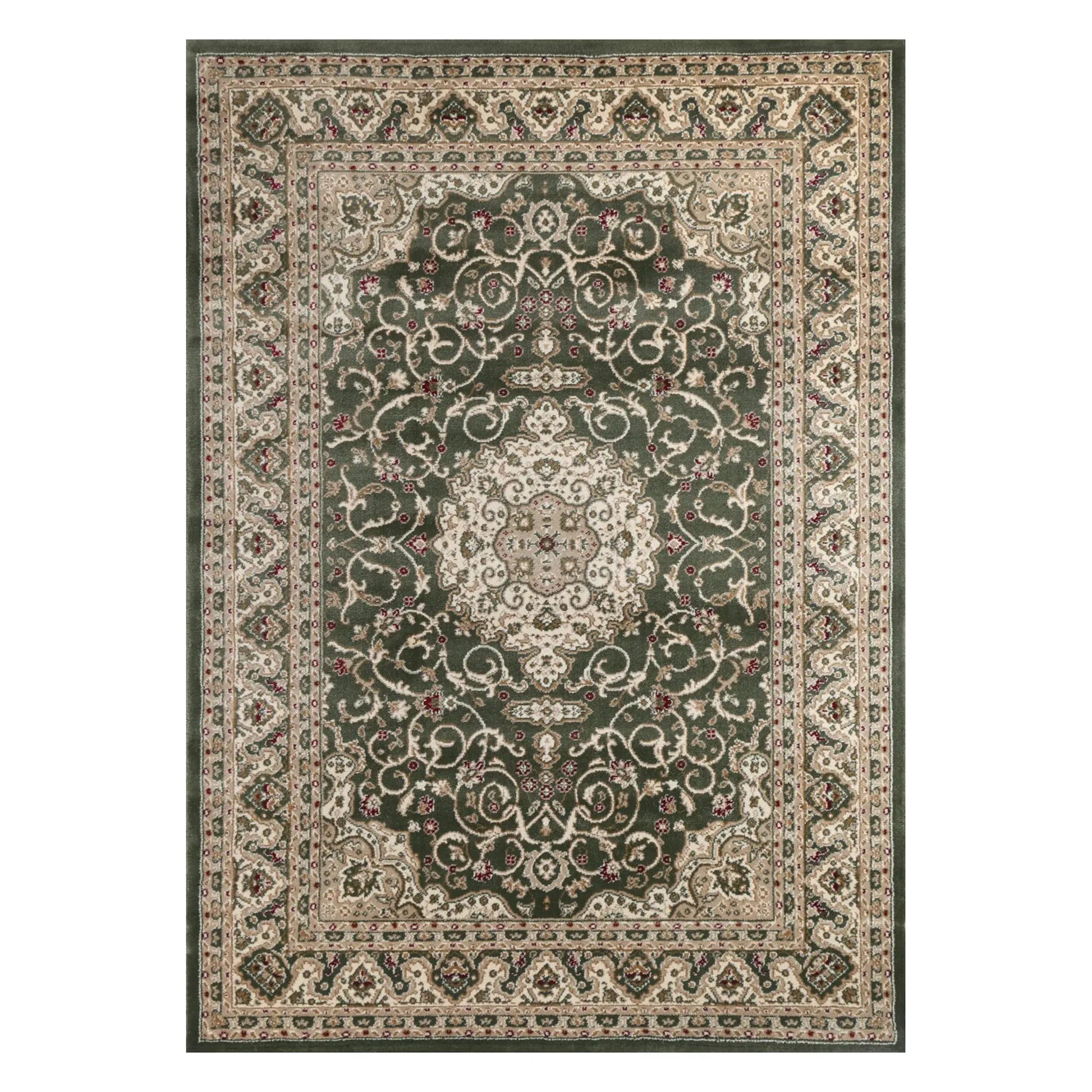 Full view of Julian Traditional Designer Green rug with central medallion, ornamental border and muted green field, 290 x 200 cm