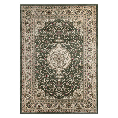 Full view of Julian Traditional Designer Green rug with central medallion, ornamental border and muted green field, 290 x 200 cm
