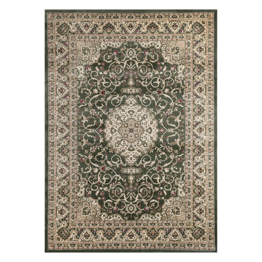Full view of Julian Traditional Designer Green rug with central medallion, ornamental border and muted green field, 290 x 200 cm