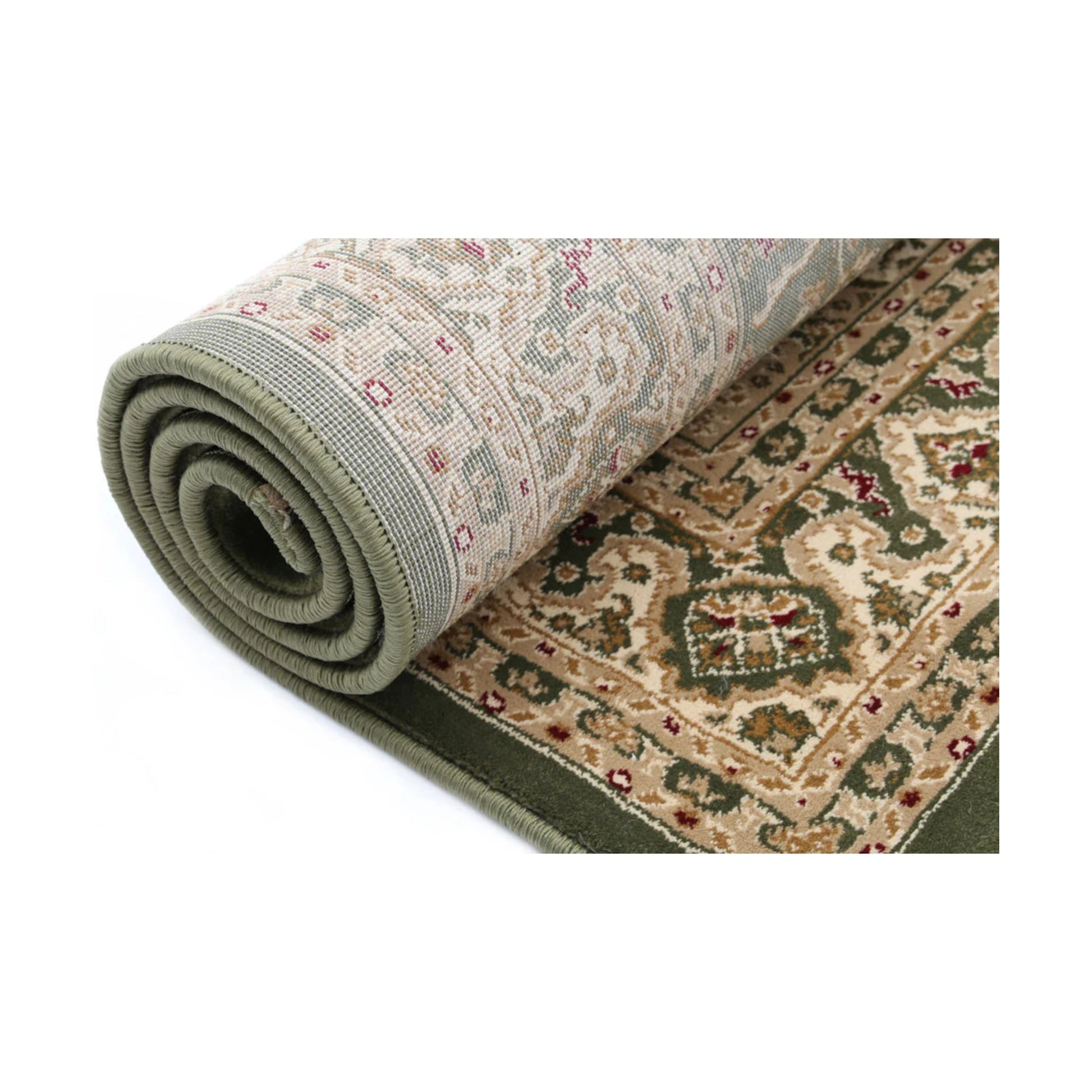 Rolled edge detail of Julian Traditional Designer Green rug showing backing, binding and patterned polypropylene pile, 290 x 200 cm