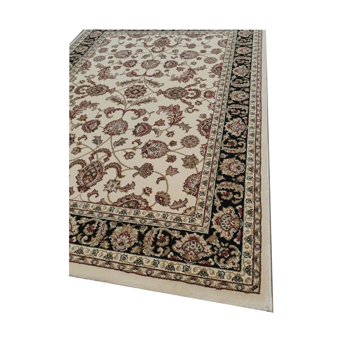 Corner border detail of Julian Traditional Rug with cream floral field, black border and beige edge