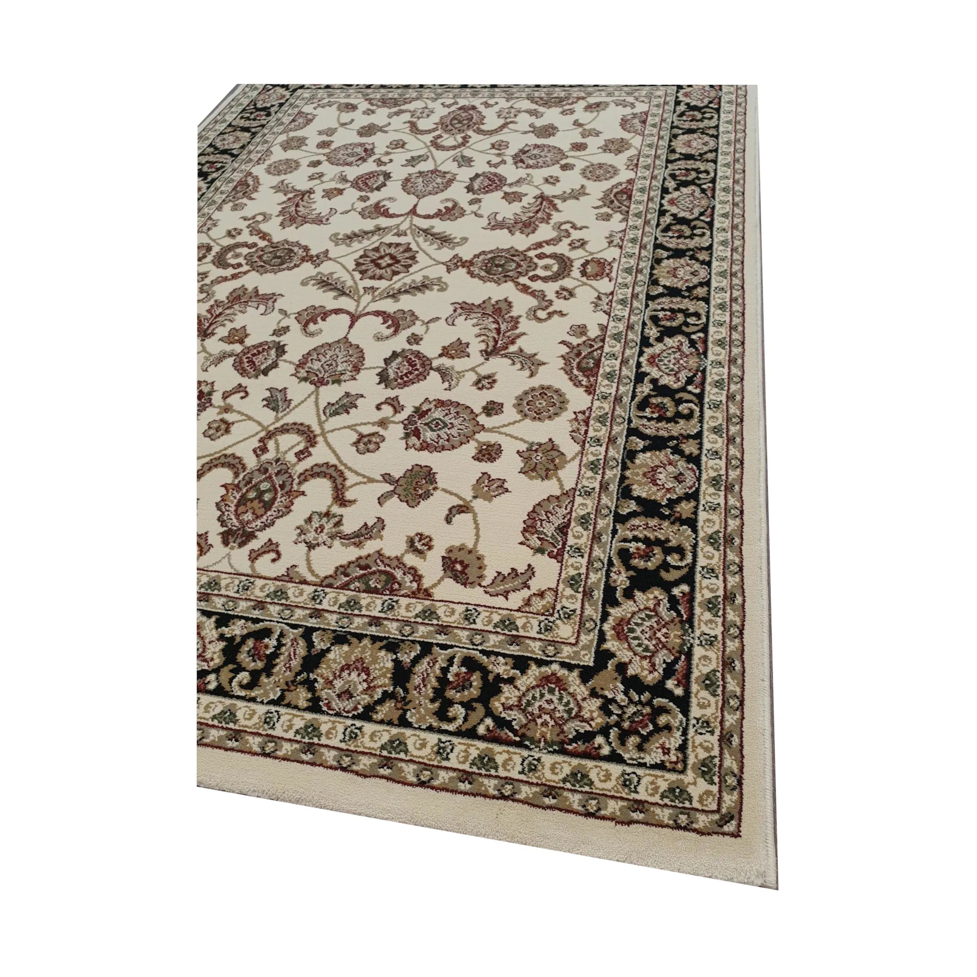 Corner border detail of Julian Traditional Rug with cream floral field, black border and beige edge