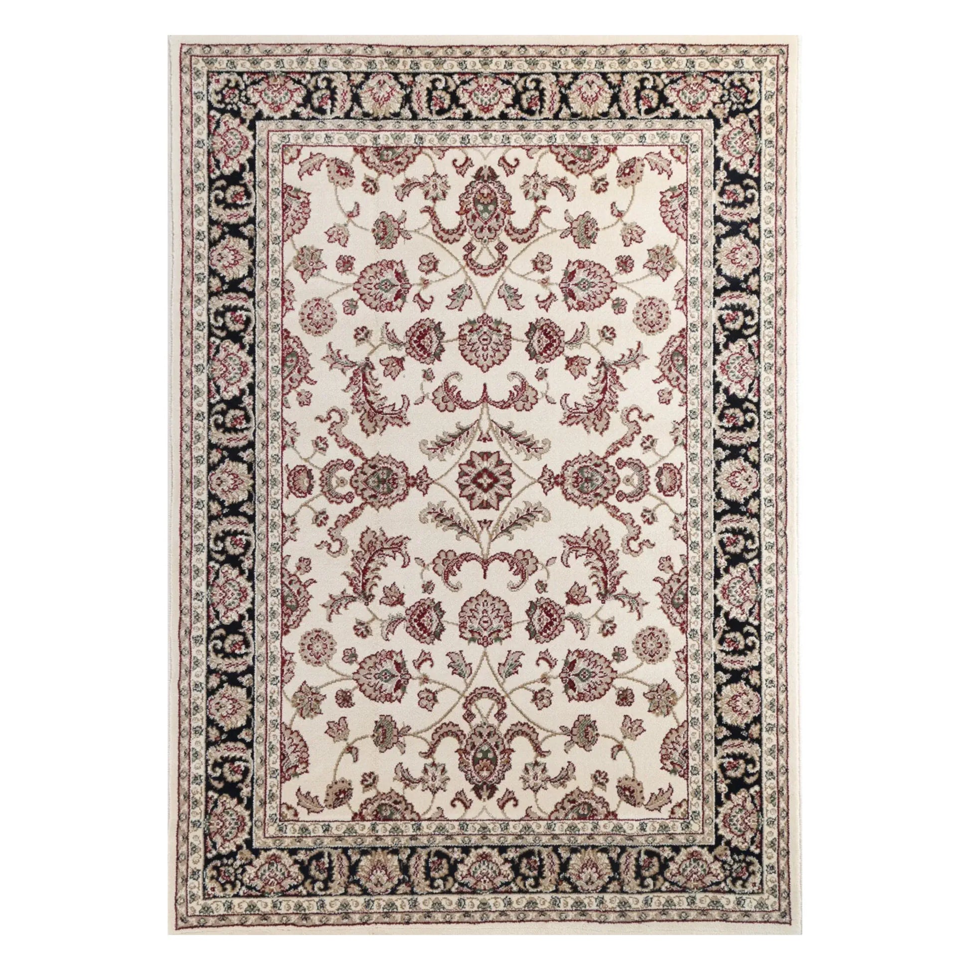 Full view of Julian Traditional Rug with cream floral field, dark border and medallion-style pattern