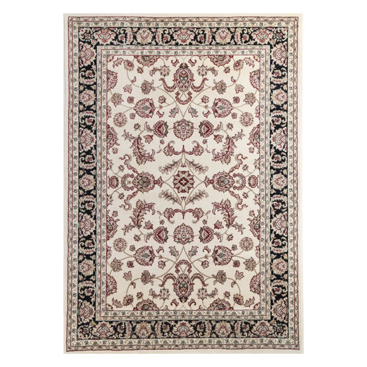 Full view of Julian Traditional Rug with cream floral field, dark border and medallion-style pattern
