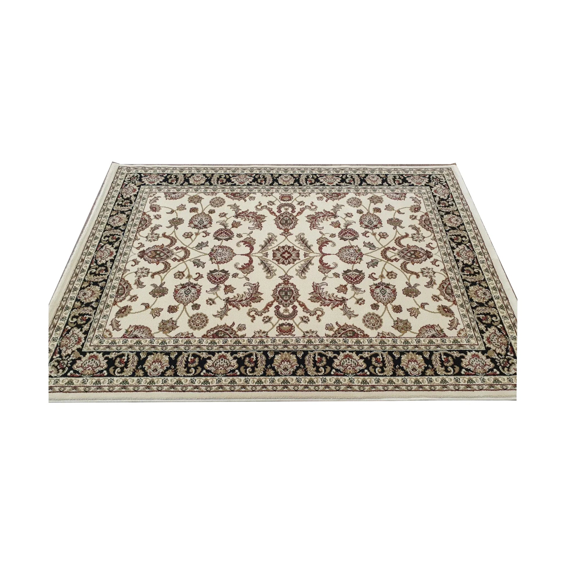 Styled room view of Julian Traditional Rug with cream field, dark border and classic floral design