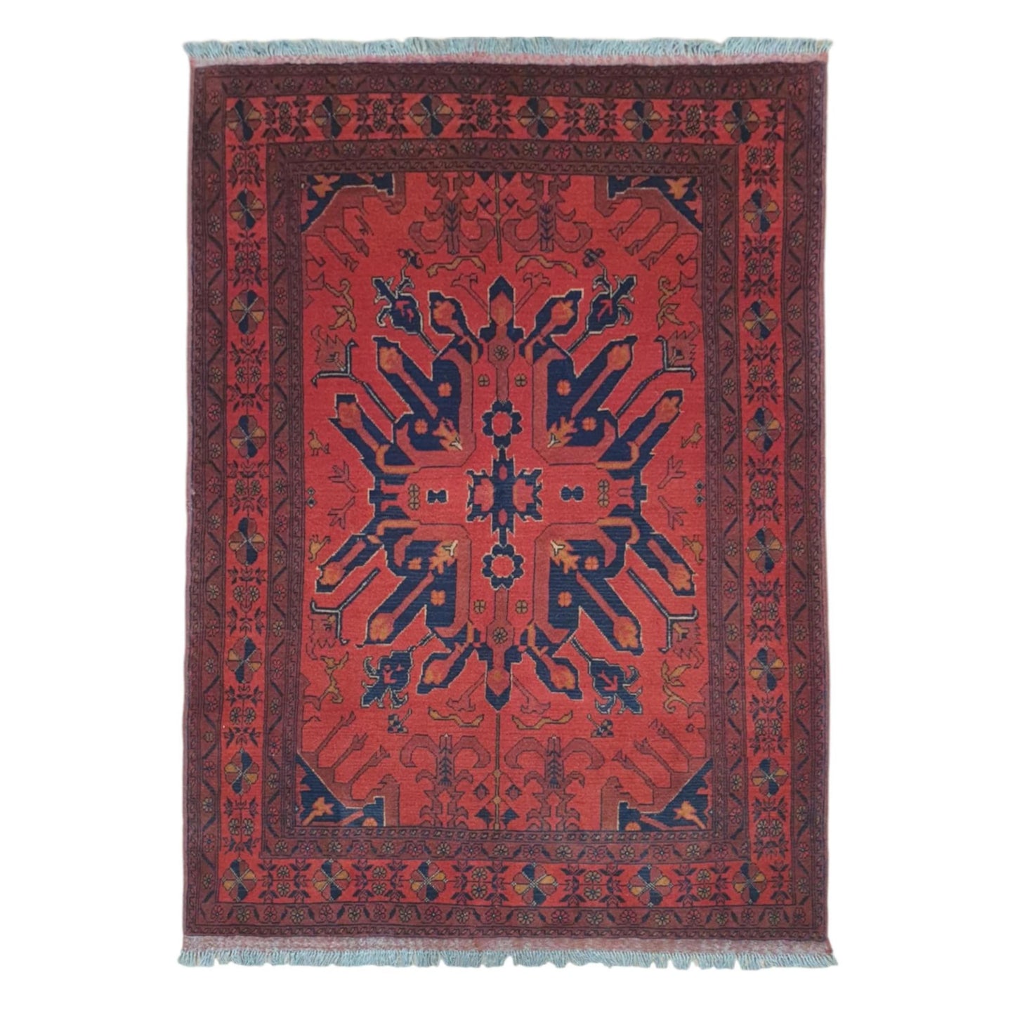 Full view of red and navy Khal Mohammadi hand-knotted wool rug with geometric central motif and patterned border, 190 x 134 cm
