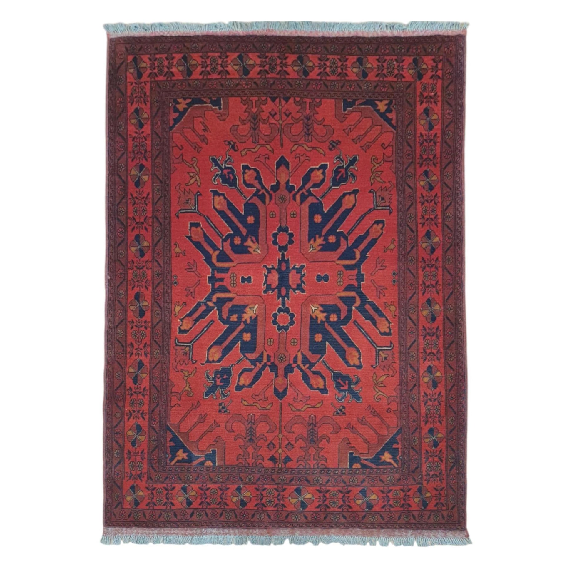 Full view of red and navy Khal Mohammadi hand-knotted wool rug with geometric central motif and patterned border, 190 x 134 cm