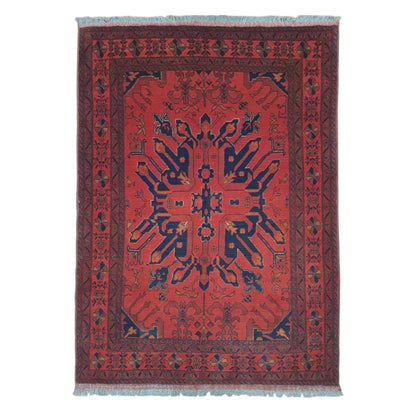 Full view of red and navy Khal Mohammadi hand-knotted wool rug with geometric central motif and patterned border, 190 x 134 cm
