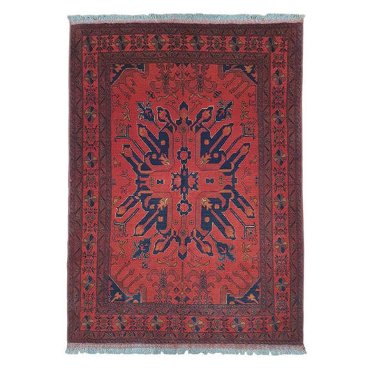 Full view of red and navy Khal Mohammadi hand-knotted wool rug with geometric central motif and patterned border, 190 x 134 cm