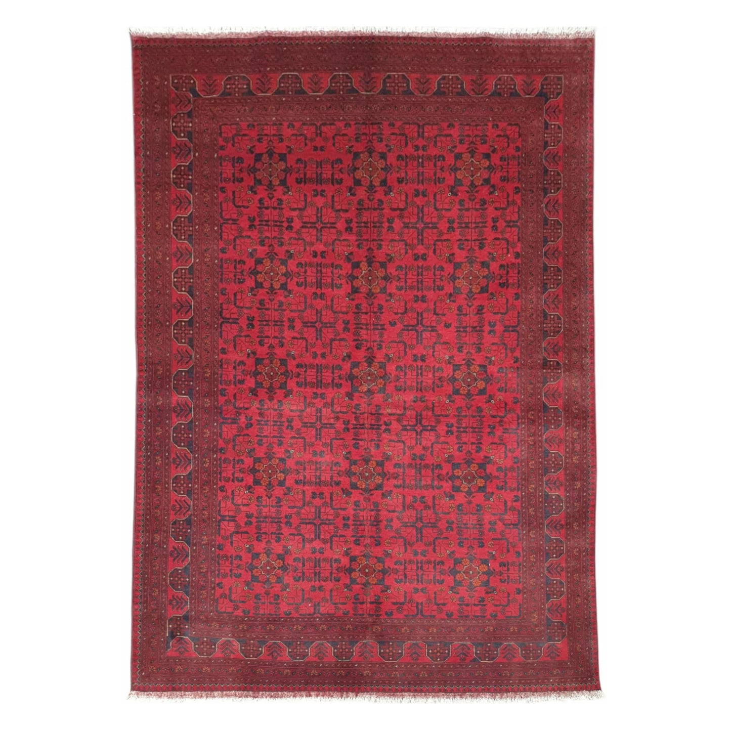 Khal Mohammadi hand-knotted wool rug 294 x 198 cm shown in straightened full view with deep red geometric gul design