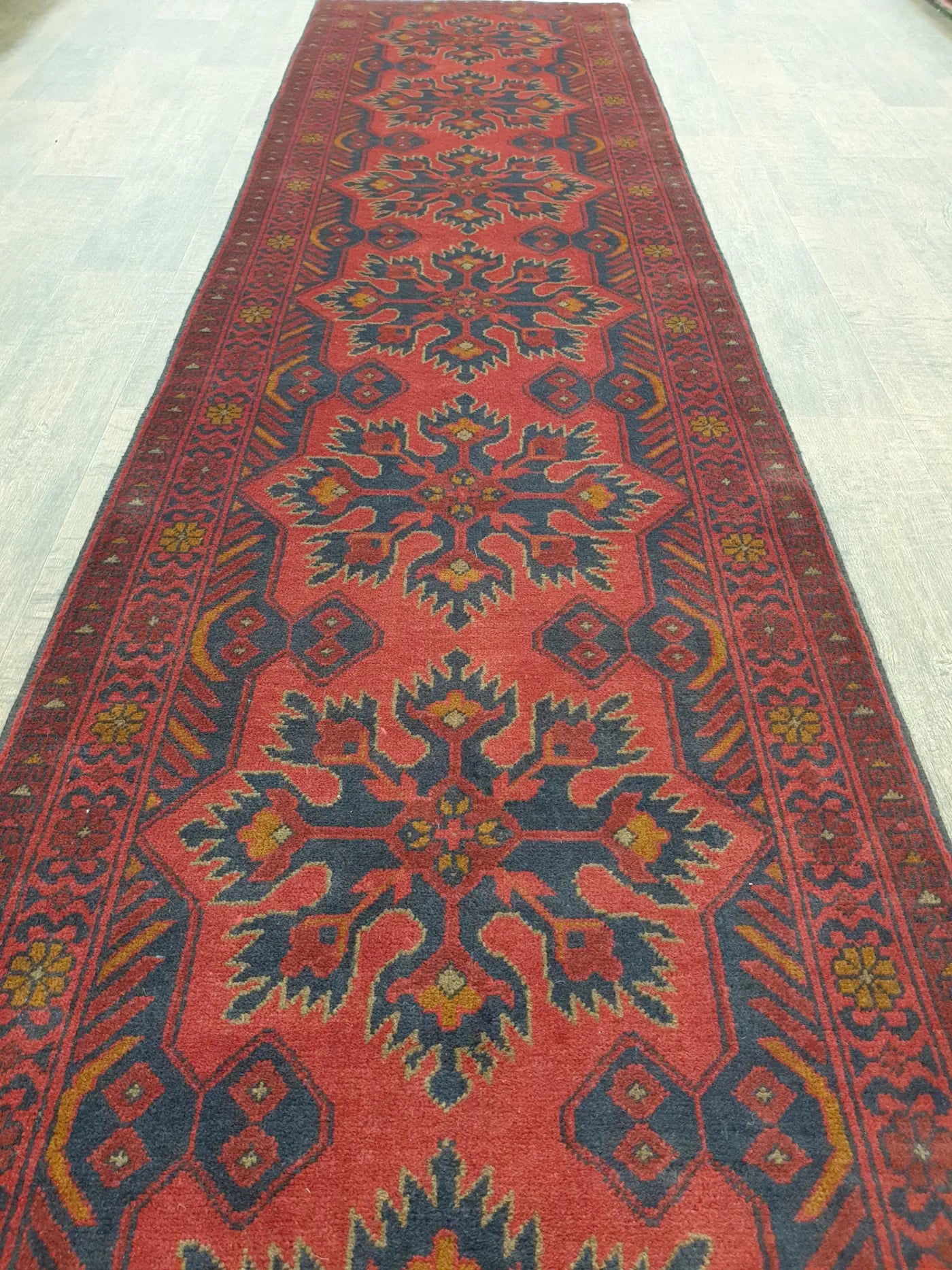Khal Muhammadi runner rug 385 x 80 cm length view showing repeating motifs