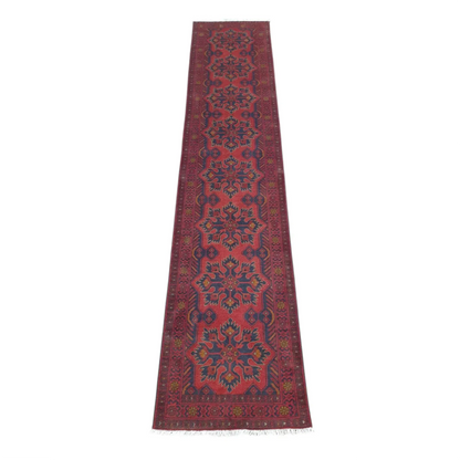 Khal Muhammadi runner rug 385 x 80 cm full view deep red geometric pattern