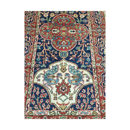 Close-up of Khurjeen runner rug medallion pattern with red, navy blue, ivory and rust geometric detail