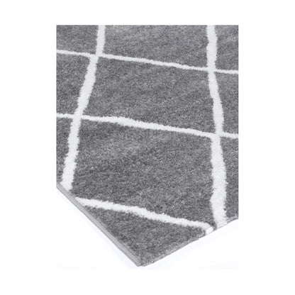 Corner detail of Kimberley 1 Trellis Grey Rug showing grey field and white trellis pattern