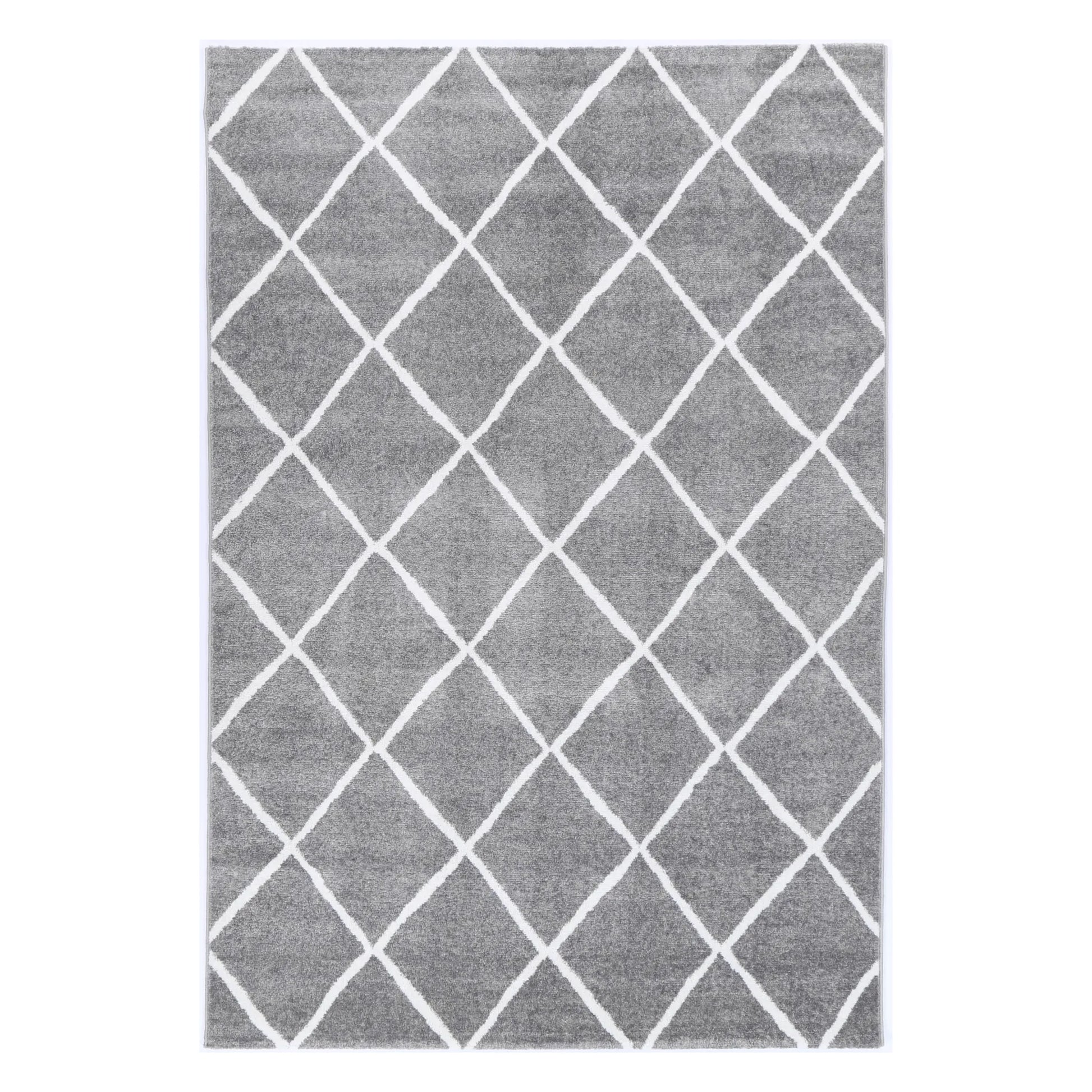 Full view of Kimberley 1 Trellis Grey Rug with white diamond pattern, 230 x 160 cm