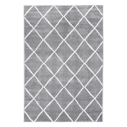 Full view of Kimberley 1 Trellis Grey Rug with white diamond pattern, 230 x 160 cm