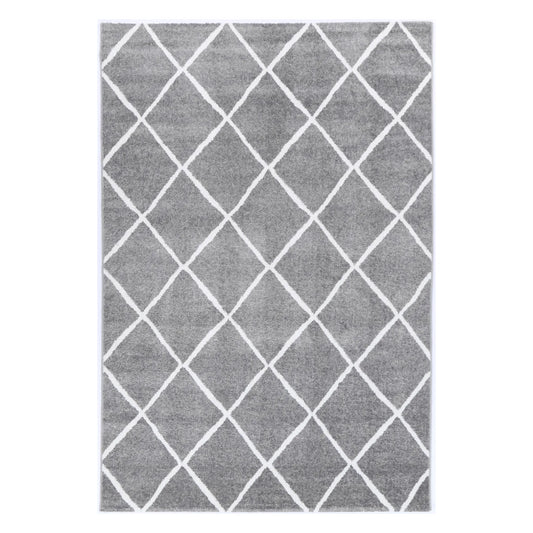Full view of Kimberley 1 Trellis Grey Rug with white diamond pattern, 230 x 160 cm