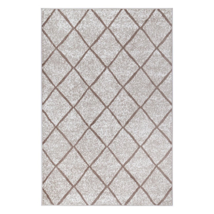 Full view of Kimberley 1 Trellis Latte rug with warm neutral field and diamond lattice pattern, 230 x 160 cm