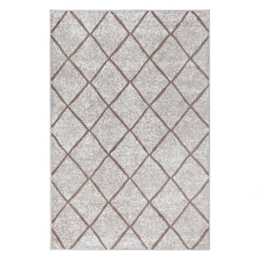 Full view of Kimberley 1 Trellis Latte rug with warm neutral field and diamond lattice pattern, 230 x 160 cm