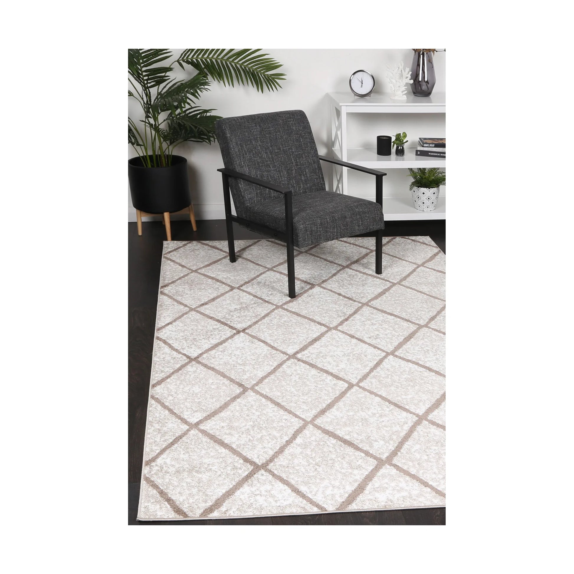 Kimberley 1 Trellis Latte rug styled with chair and indoor décor, showing modern neutral trellis design, 230 x 160 cm
