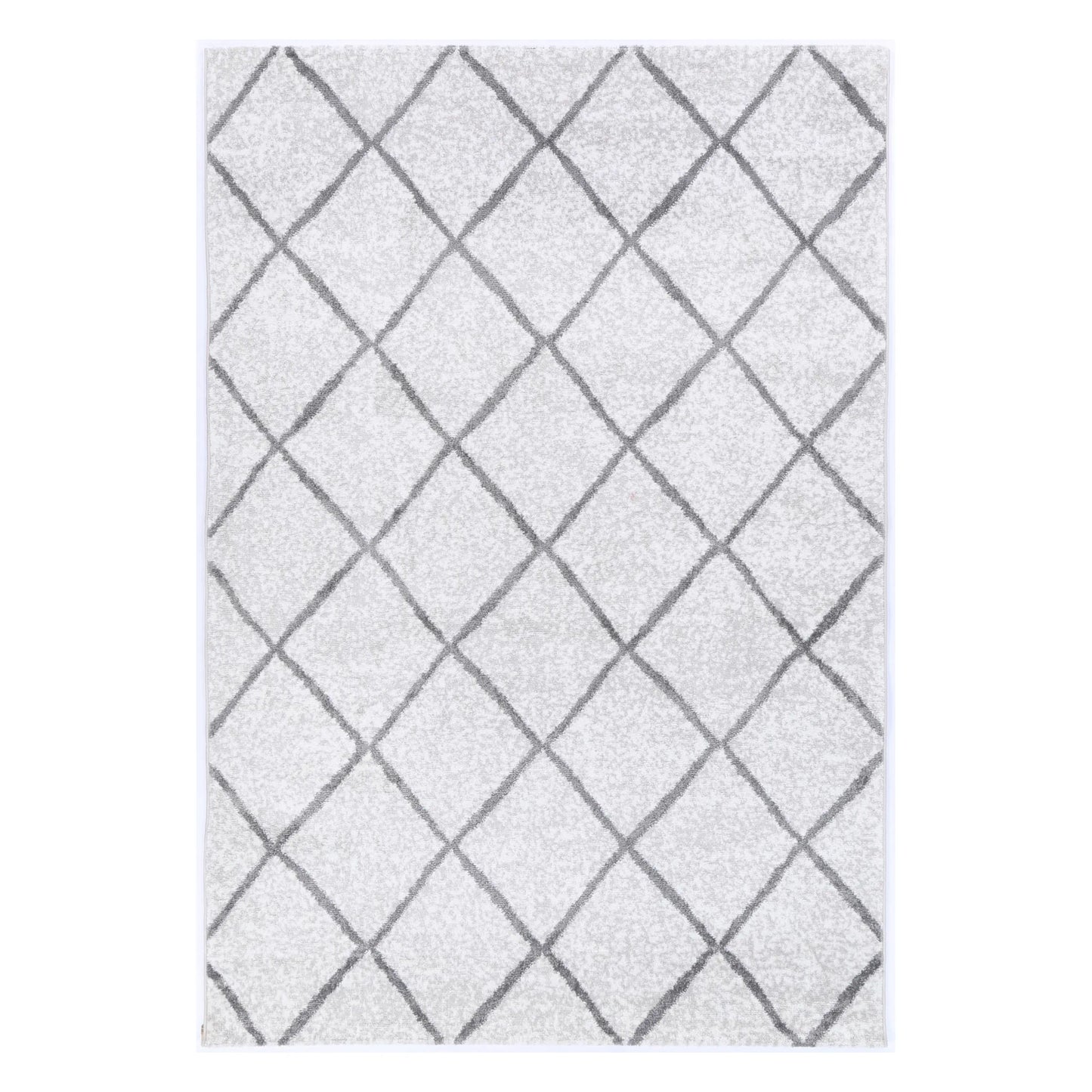 Full view of Kimberley 1 Trellis Silver machine-made rug with grey diamond lattice pattern, 290 x 200 cm