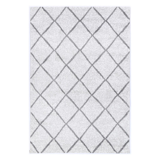 Full view of Kimberley 1 Trellis Silver machine-made rug with grey diamond lattice pattern, 290 x 200 cm