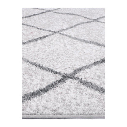 Close-up of Kimberley 1 Trellis Silver rug showing soft polypropylene pile and grey trellis pattern, 290 x 200 cm