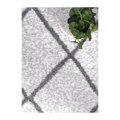 Styled close-up of Kimberley 1 Trellis Silver rug showing grey trellis lines, soft texture and plant detail, 290 x 200 cm