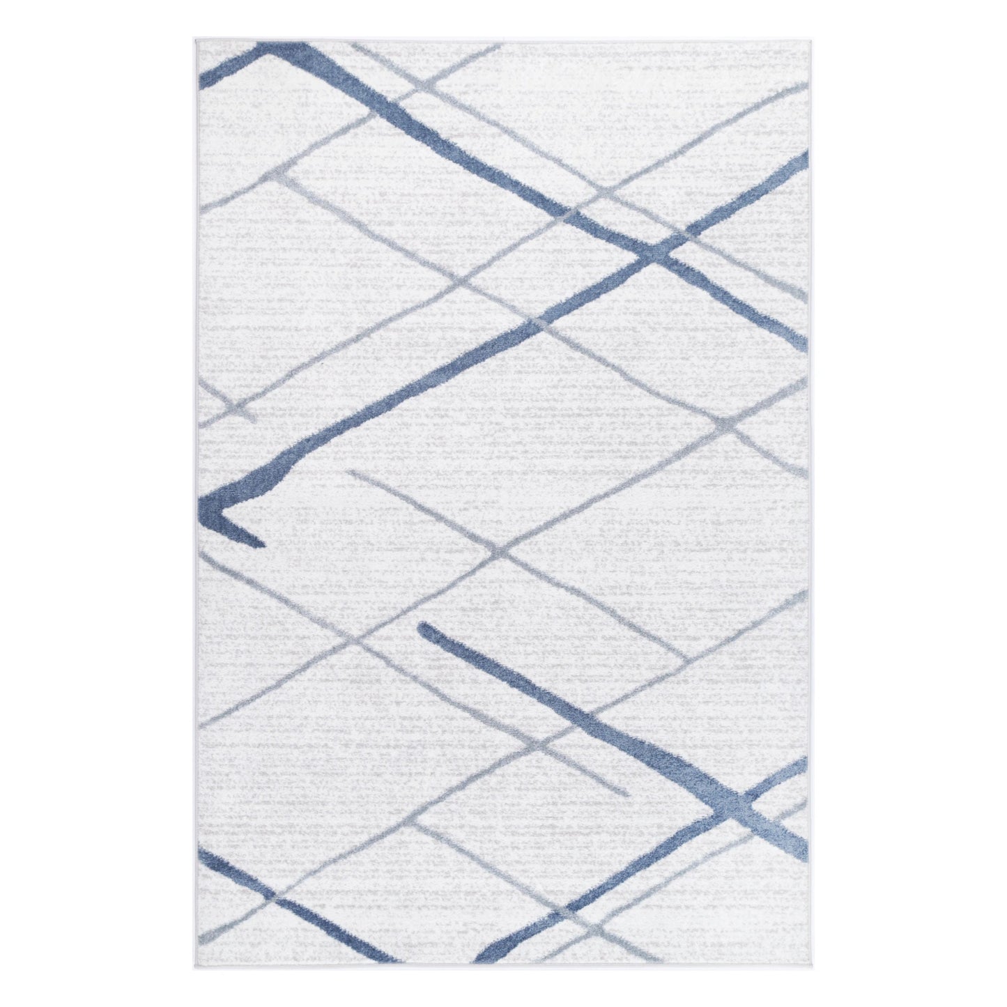 Full view of Kimberley 2 Blue Lattice rug with white field and blue geometric lattice pattern, 230 x 160 cm