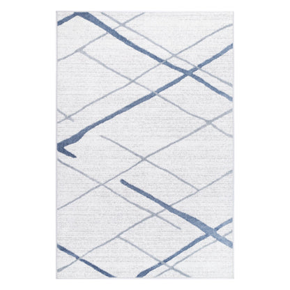Full view of Kimberley 2 Blue Lattice rug with white field and blue geometric lattice pattern, 230 x 160 cm