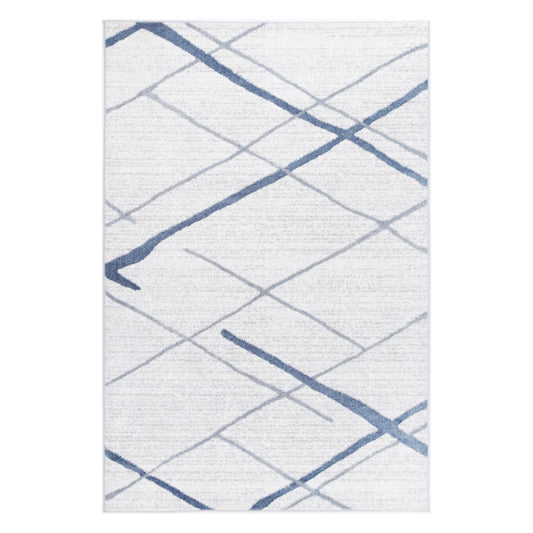 Full view of Kimberley 2 Blue Lattice rug with white field and blue geometric lattice pattern, 230 x 160 cm