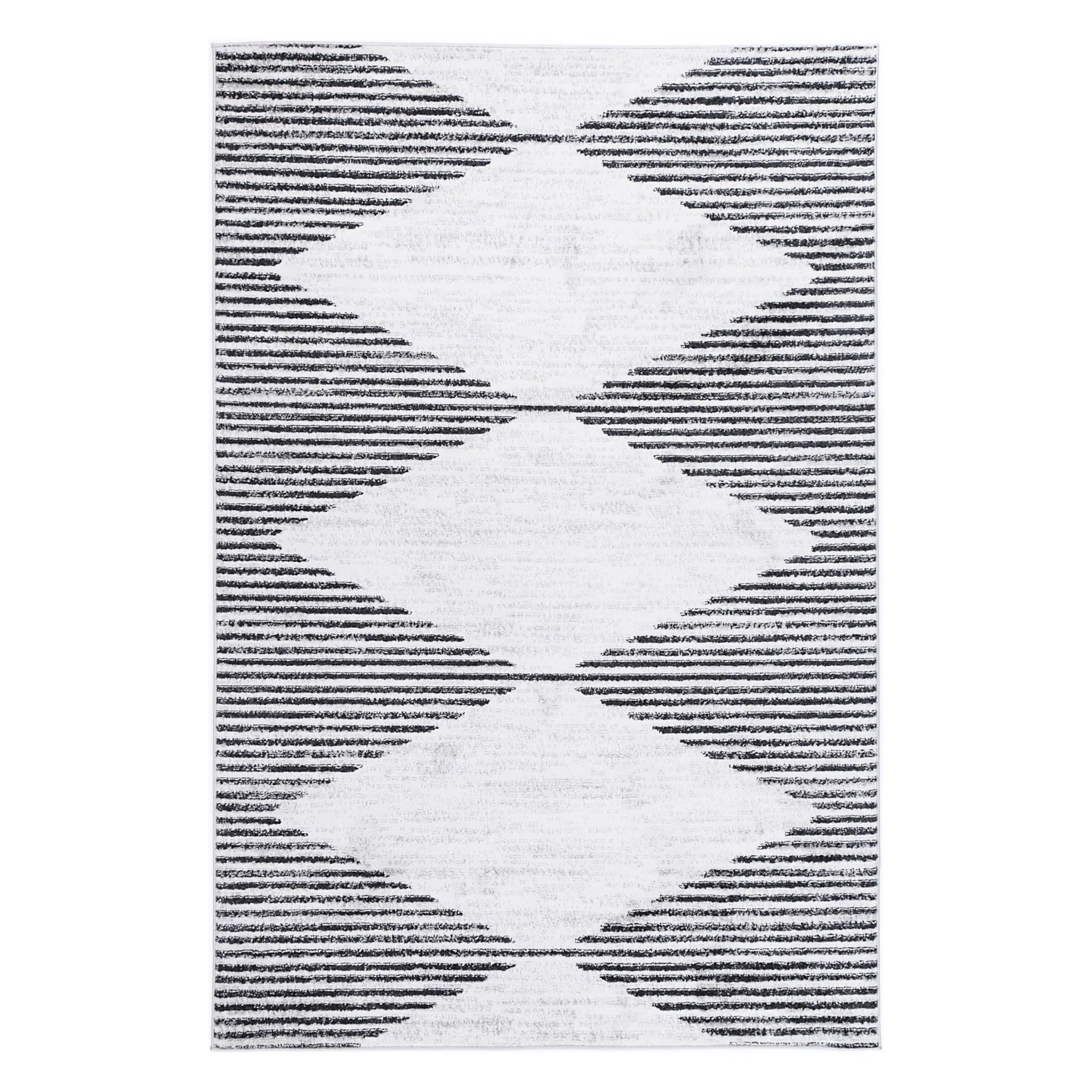 Full view of Kimberley 3 Diamond Charcoal rug with charcoal white geometric diamond pattern, 230 x 160 cm