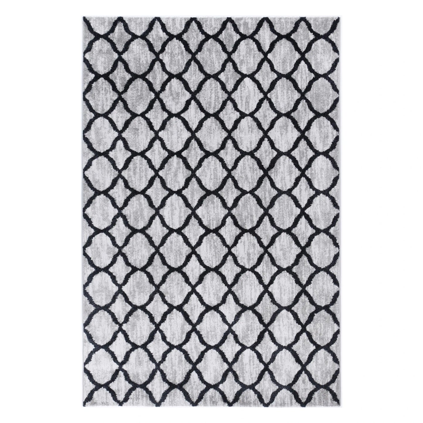 Full view of Kimberley 5 Repeat Charcoal rug with grey field and charcoal lattice geometric pattern, 230 x 160 cm