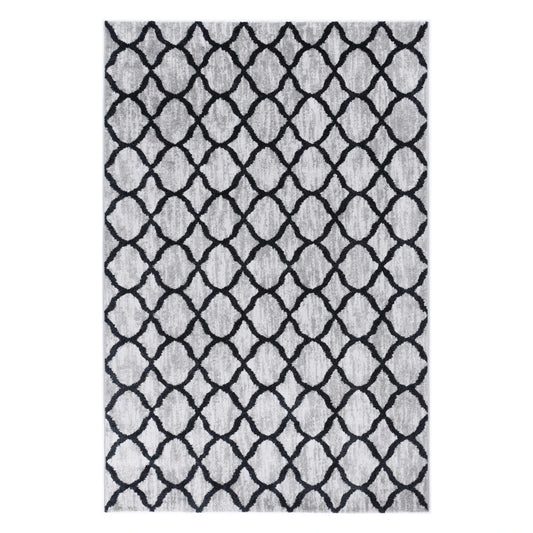 Full view of Kimberley 5 Repeat Charcoal rug with grey field and charcoal lattice geometric pattern, 230 x 160 cm