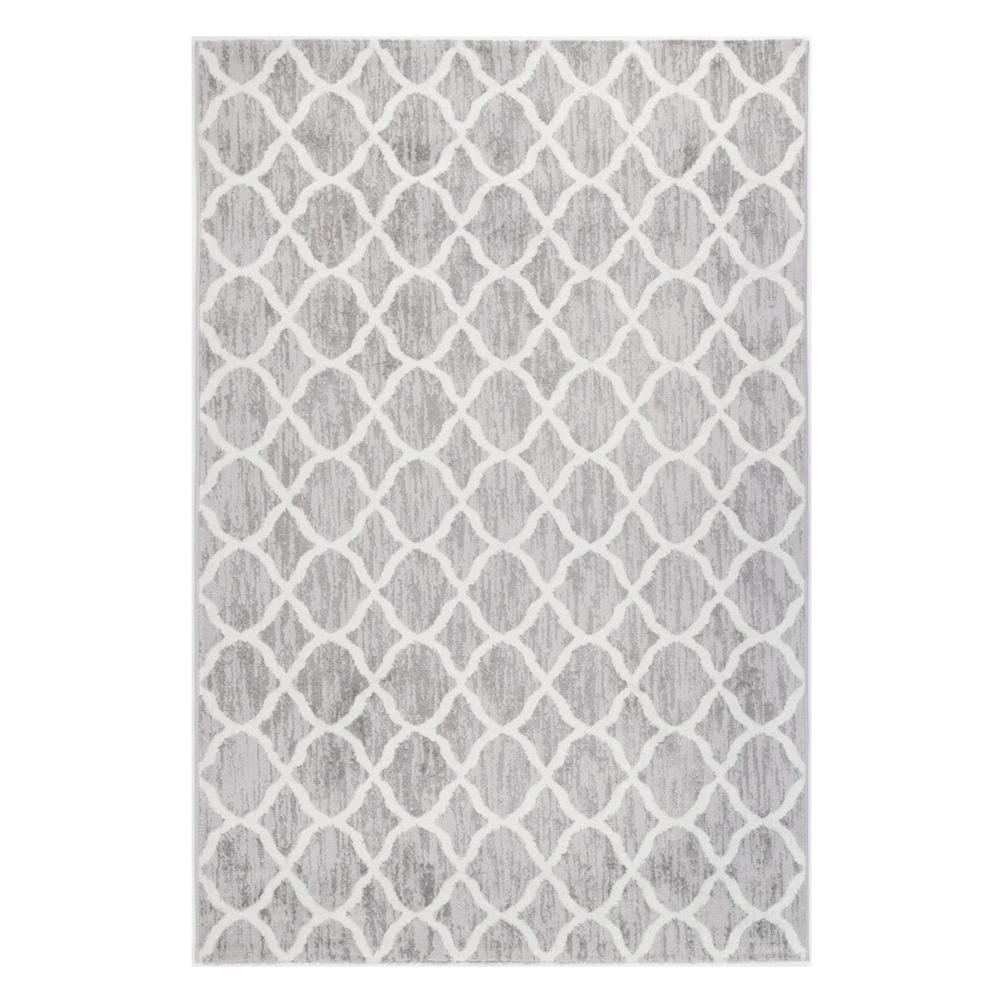 Full view of Kimberley 5 Repeat Silver Rug with white trellis pattern, 290 x 200 cm