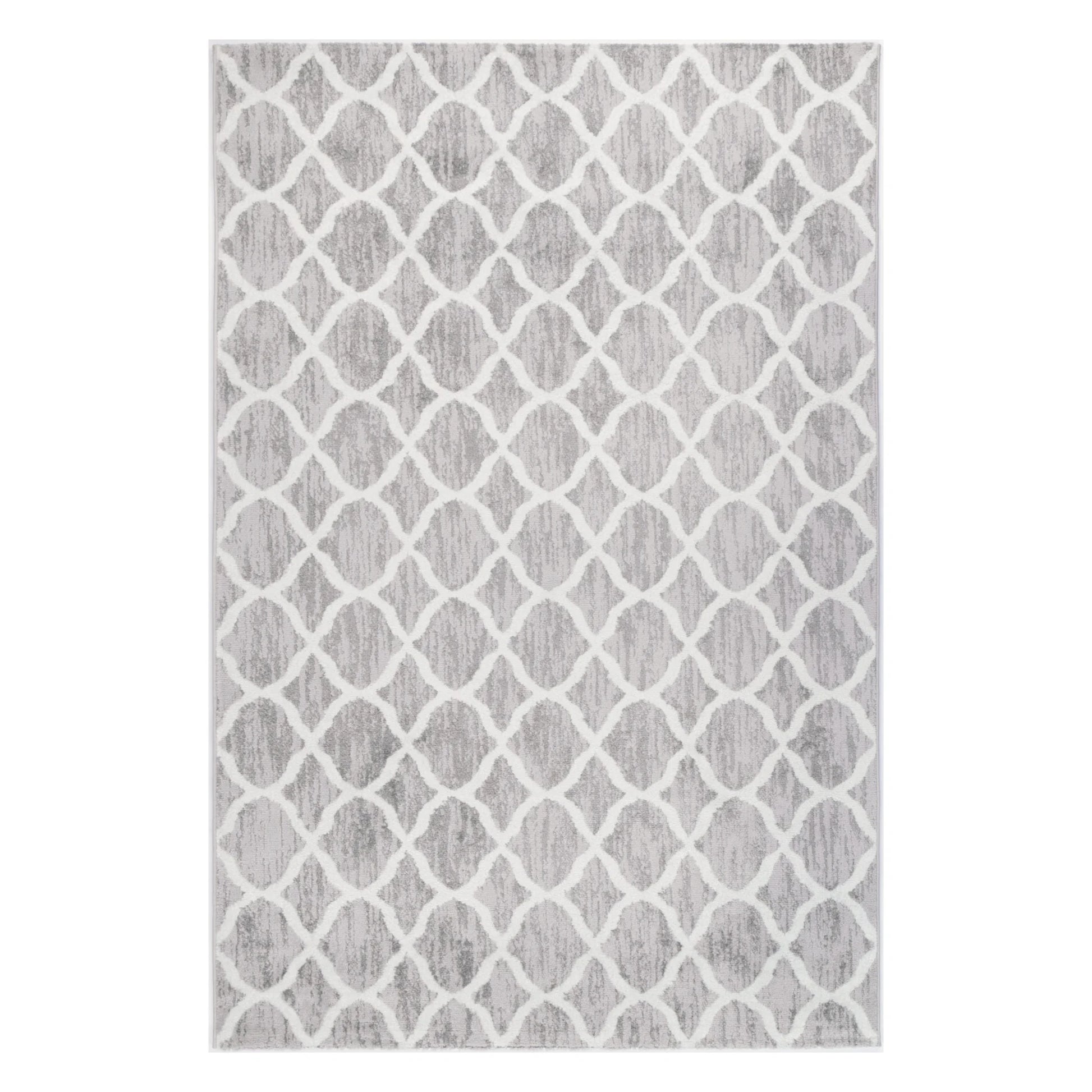 Full view of Kimberley 5 Repeat Silver Rug with white trellis pattern, 290 x 200 cm